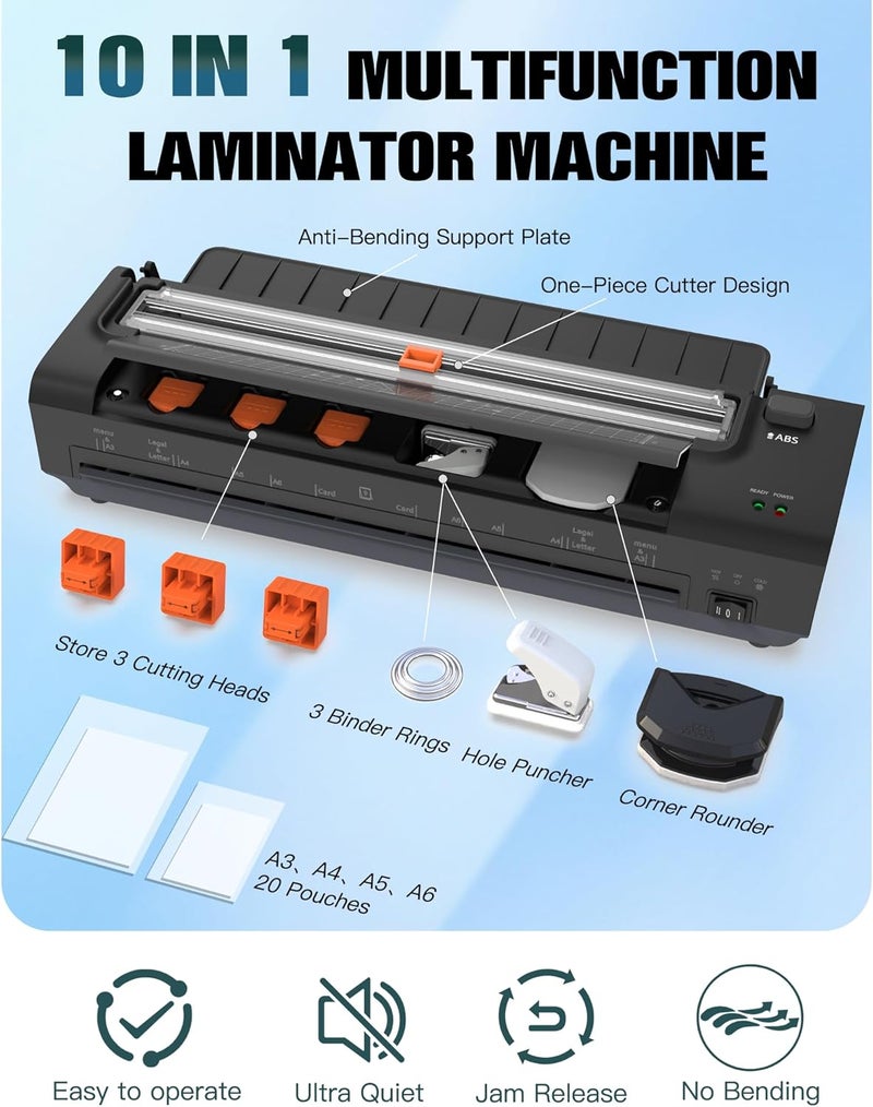 OidoZac 13 Inch Laminator Machine with Auto Paper Feed, Never Jam A3 Thermal & Cold Lamination, 20 Laminating Sheets, 10-in-1 Laminator with Cutter, Trimmer & Corner Rounder for Office School Home Use Black - Image 5